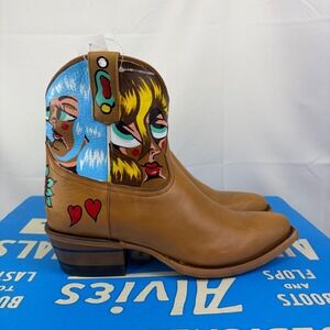 Alvies Cowgirl Boots The Rainey Hand Painted Leather Artsy Boho Tattoo Art Sz 8